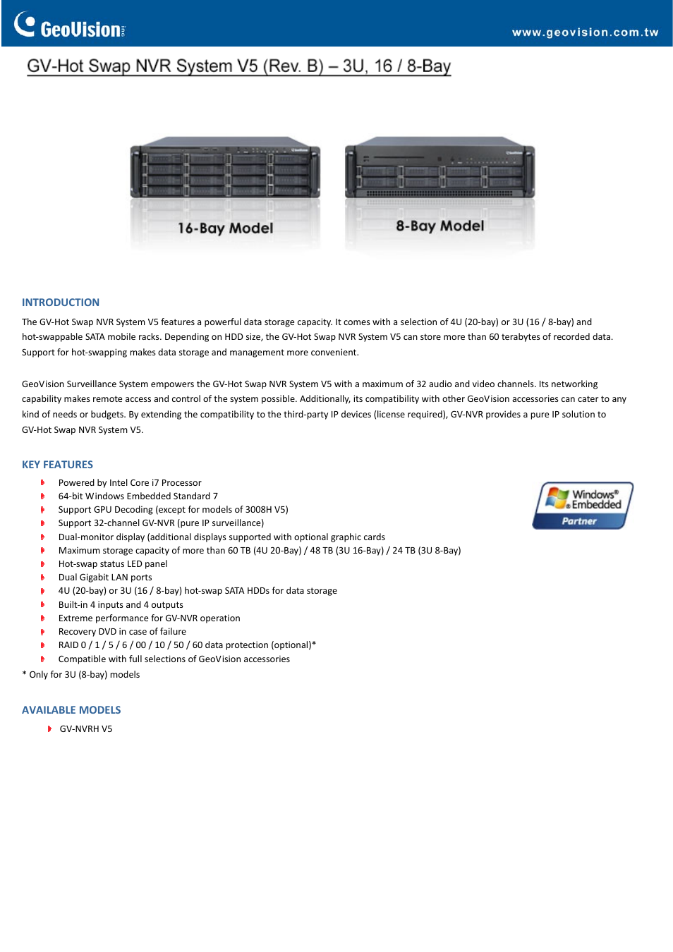 GeoVision Hot Swap NVR System V5 (Rev. B) – 3U, 16_8-Bay User Manual | 5 pages