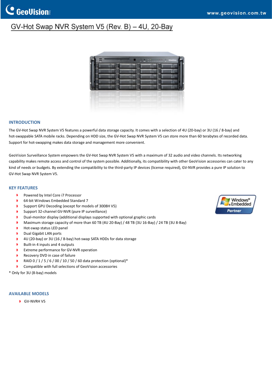 GeoVision Hot Swap NVR System V5 (Rev. B) – 4U, 20-Bay User Manual | 5 pages