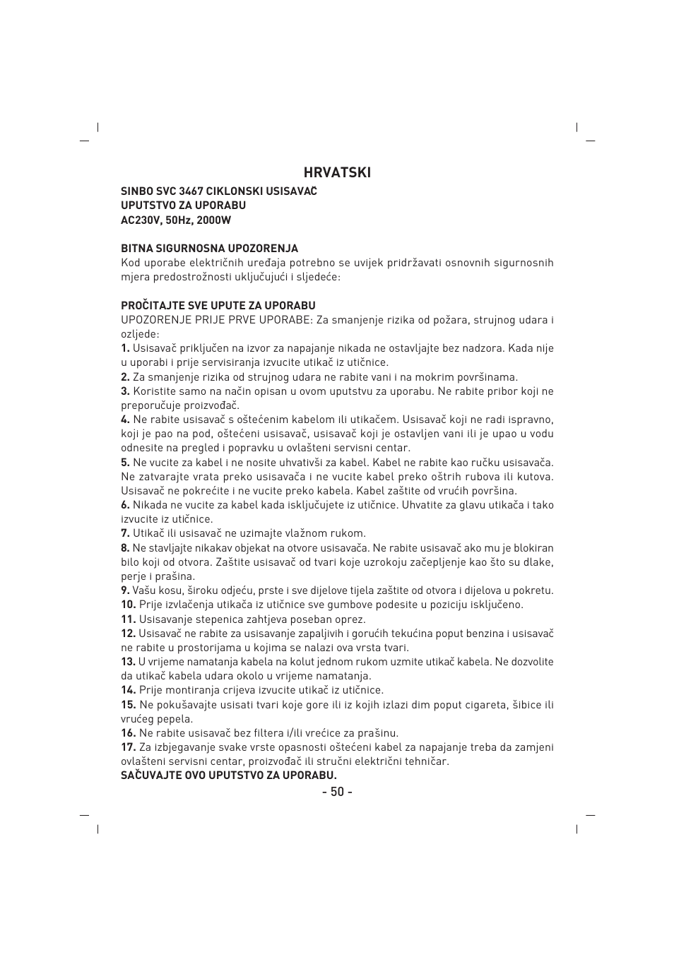 Hrvatski | SINBO SVC 3467 User Manual | Page 51 / 64