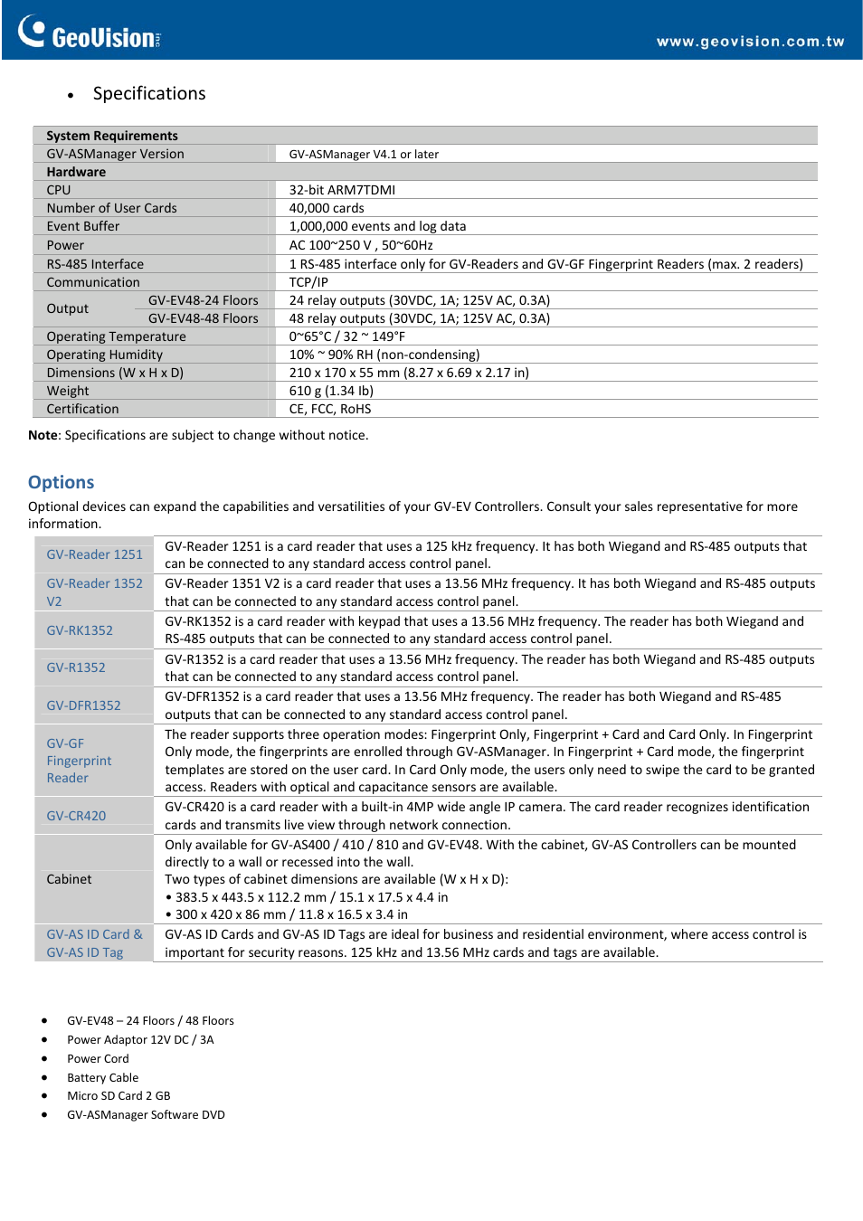 Specifications, Options | GeoVision EV48 Elevator Controller User Manual | Page 2 / 2