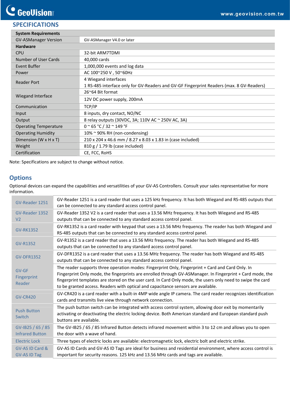 Specifications, Options | GeoVision AS210 Controller User Manual | Page 2 / 3
