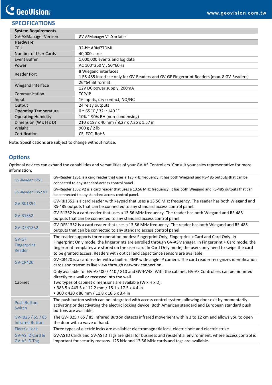 Specifications, Options | GeoVision AS410 Controller User Manual | Page 2 / 3