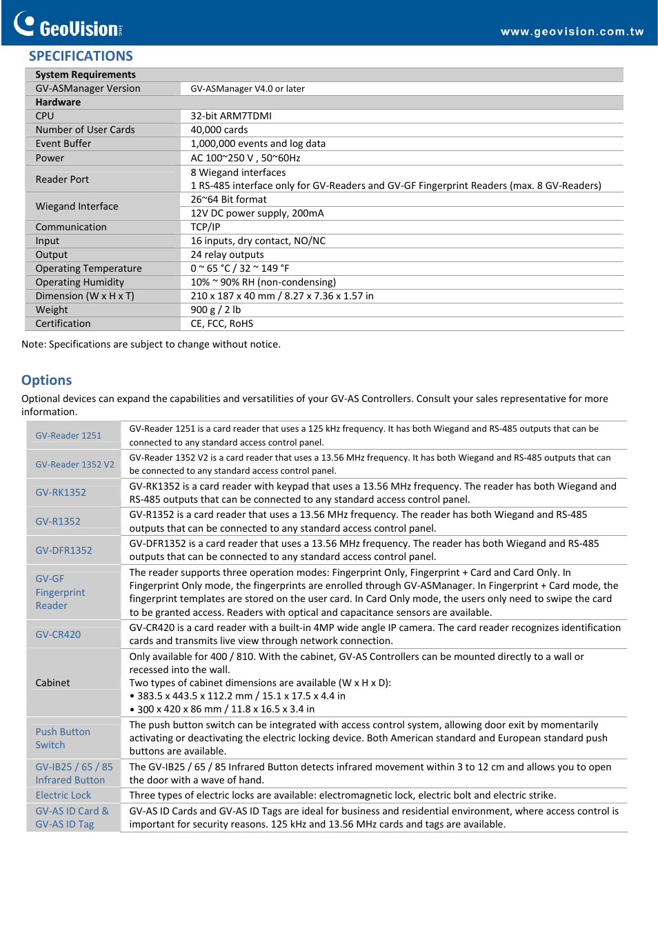 Specifications, Options | GeoVision AS810 Controller User Manual | Page 2 / 3