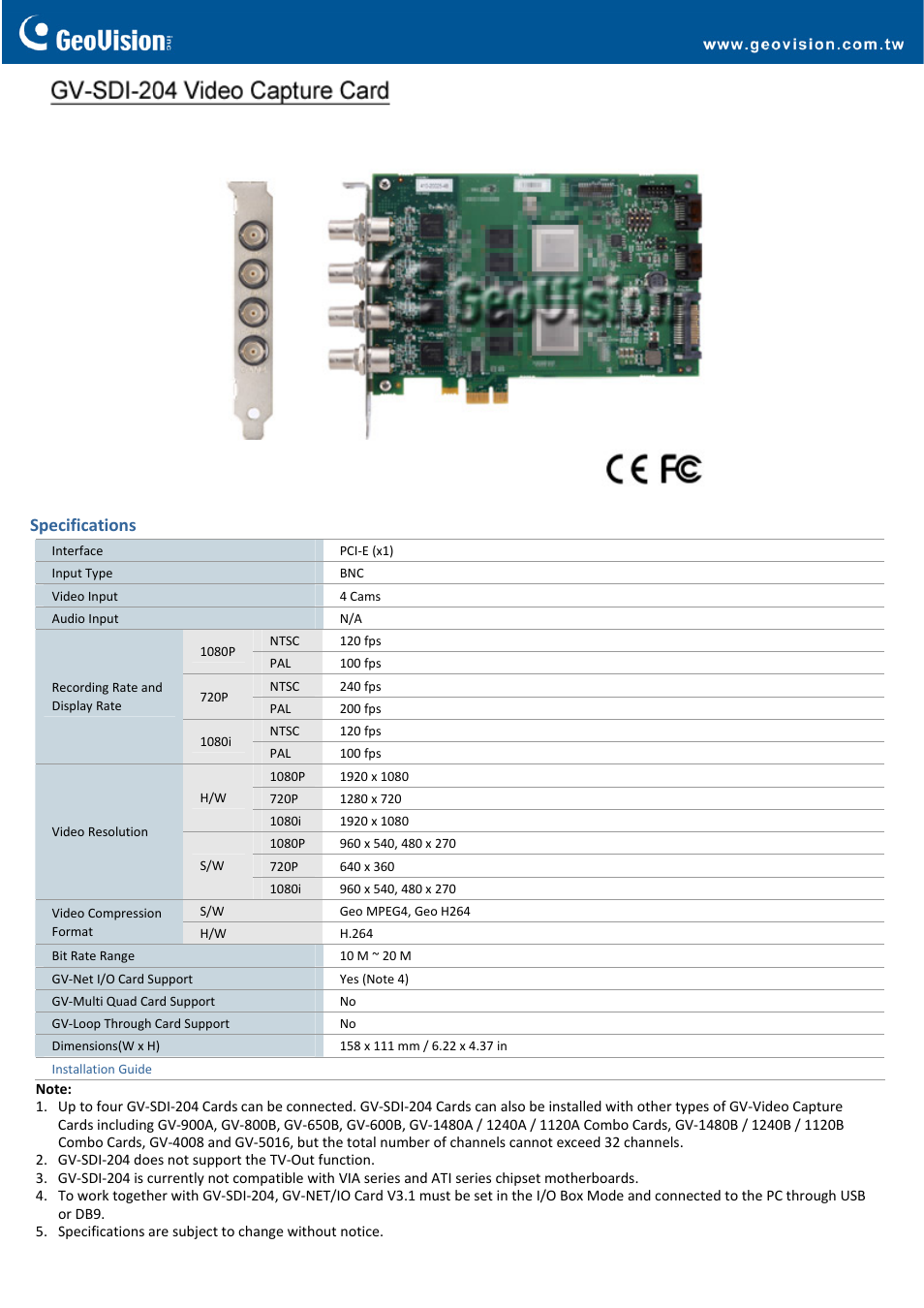 GeoVision SDI204 Video Card User Manual | 2 pages