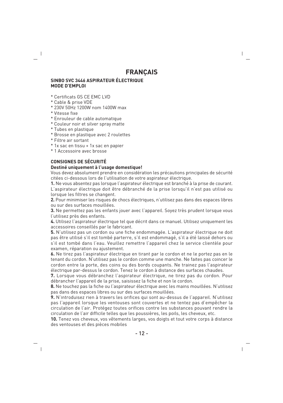 Français | SINBO SVC 3446 User Manual | Page 13 / 50