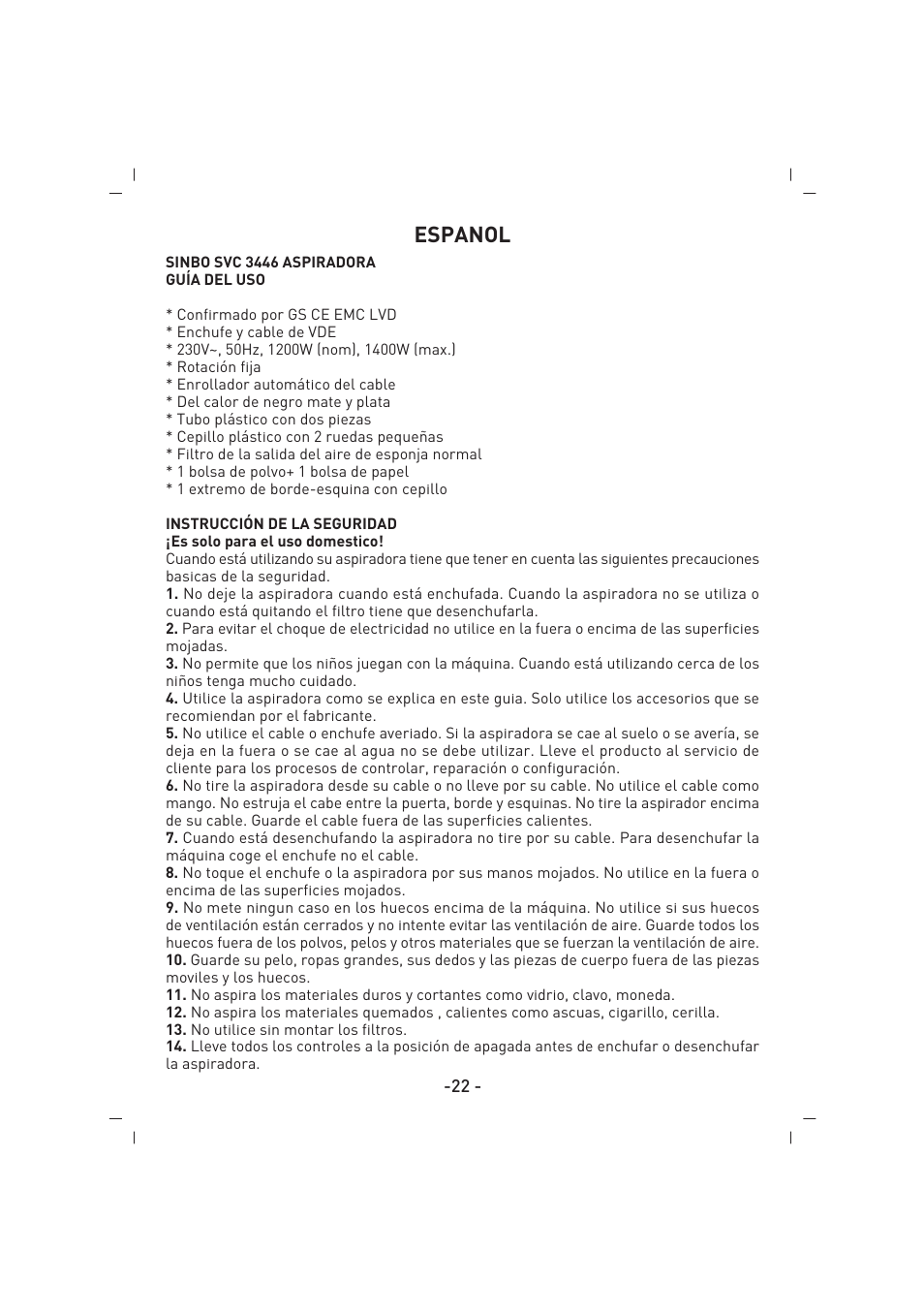 Espanol | SINBO SVC 3446 User Manual | Page 23 / 50