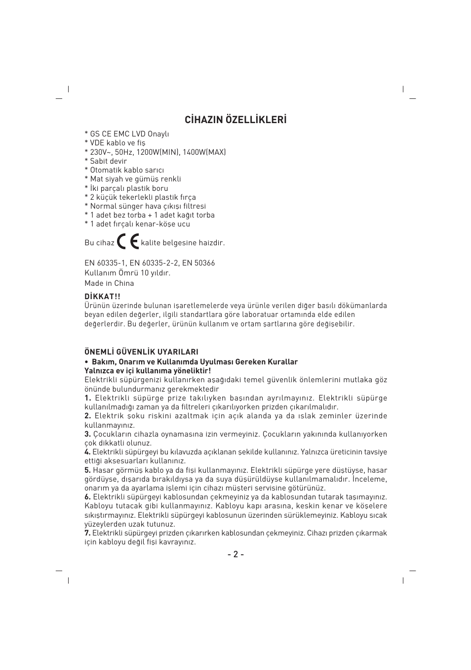 C‹hazin özell‹kler | SINBO SVC 3446 User Manual | Page 3 / 50
