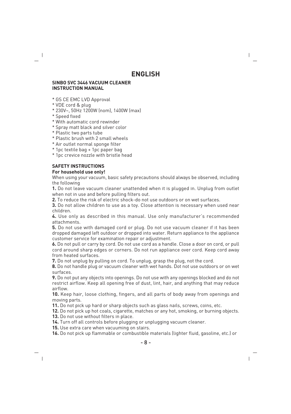English | SINBO SVC 3446 User Manual | Page 9 / 50