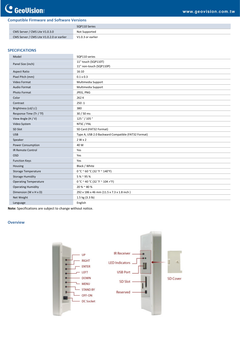 Compatible firmware and software versions, Specifications, Overview | GeoVision SQP110 series User Manual | Page 2 / 3