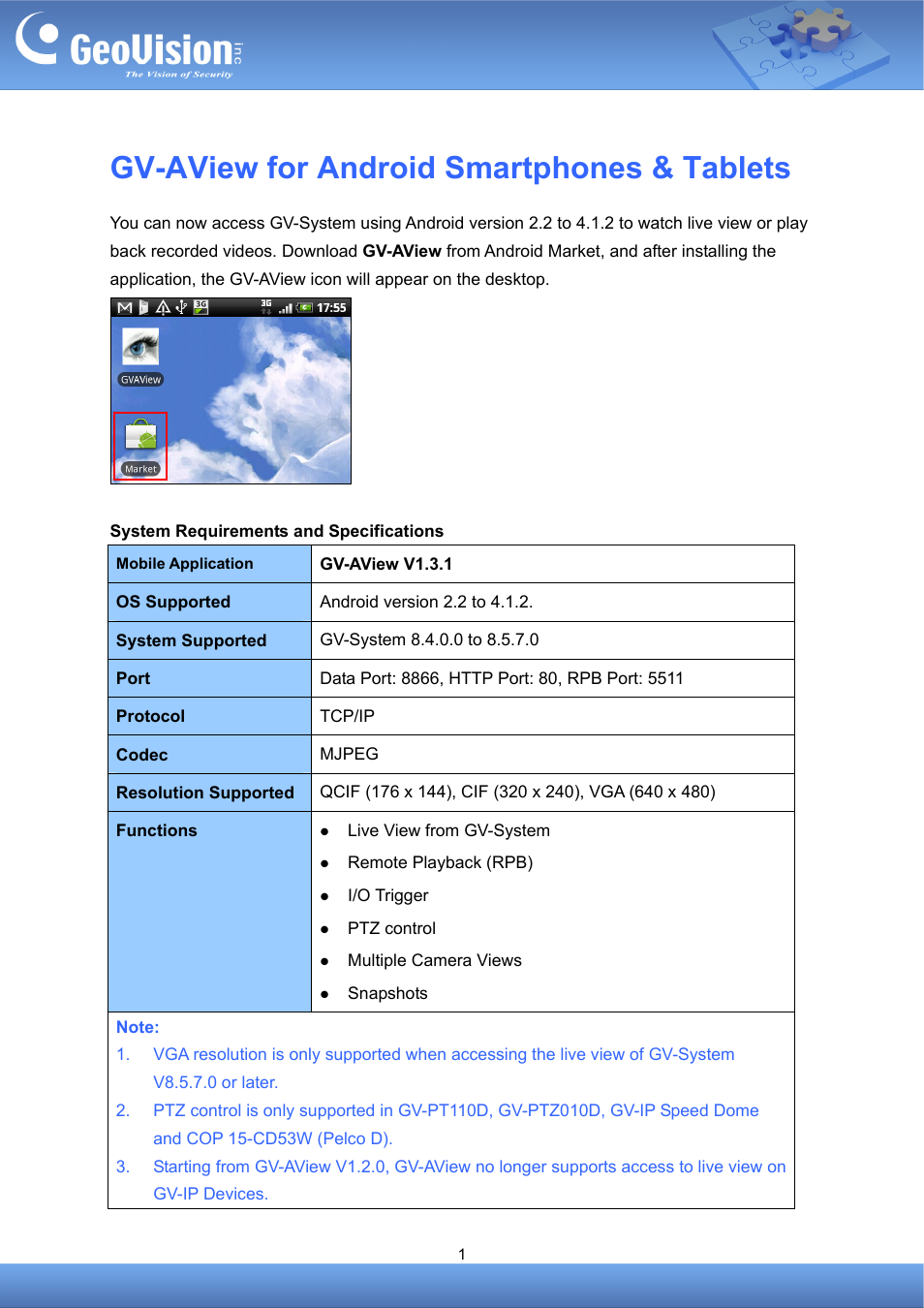 GeoVision AView V1.3.1 for Android (With DVR_NVR) User Manual | 8 pages