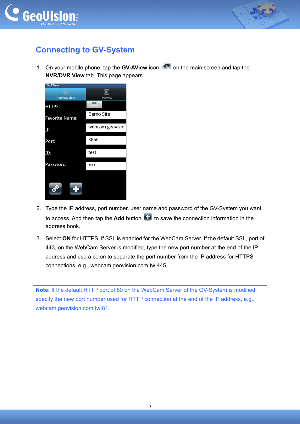 Connecting to gv-system | GeoVision AView V1.3.1 for Android (With DVR_NVR) User Manual | Page 3 / 8