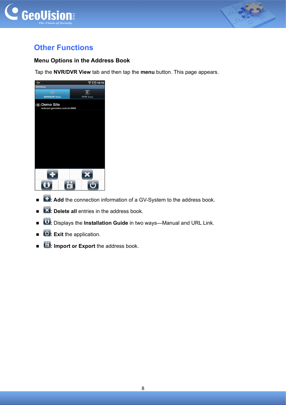 Other functions, Menu options in the address book | GeoVision AView V1.3.1 for Android (With DVR_NVR) User Manual | Page 8 / 8