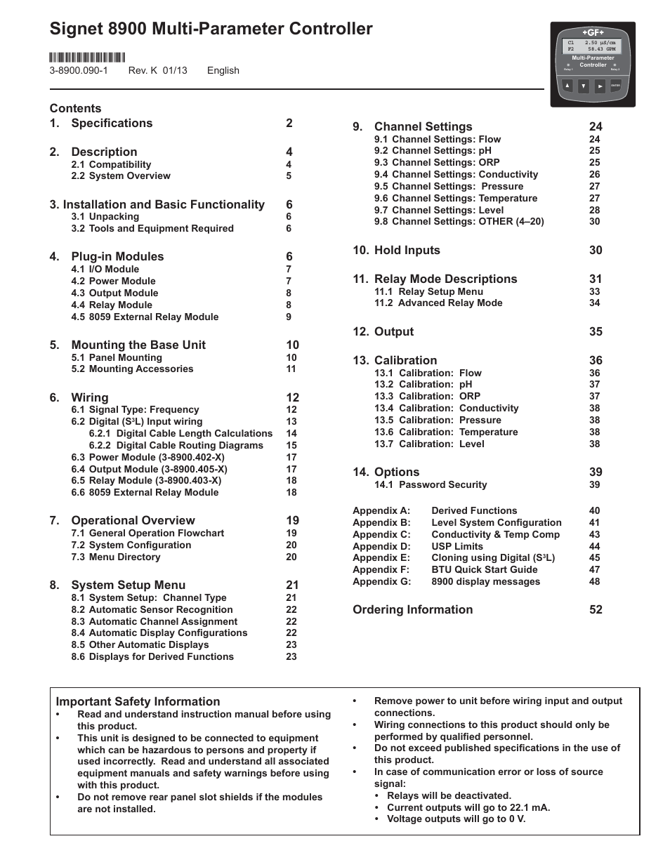 GF Signet 8900 Multi-Parameter Controller User Manual | 52 pages