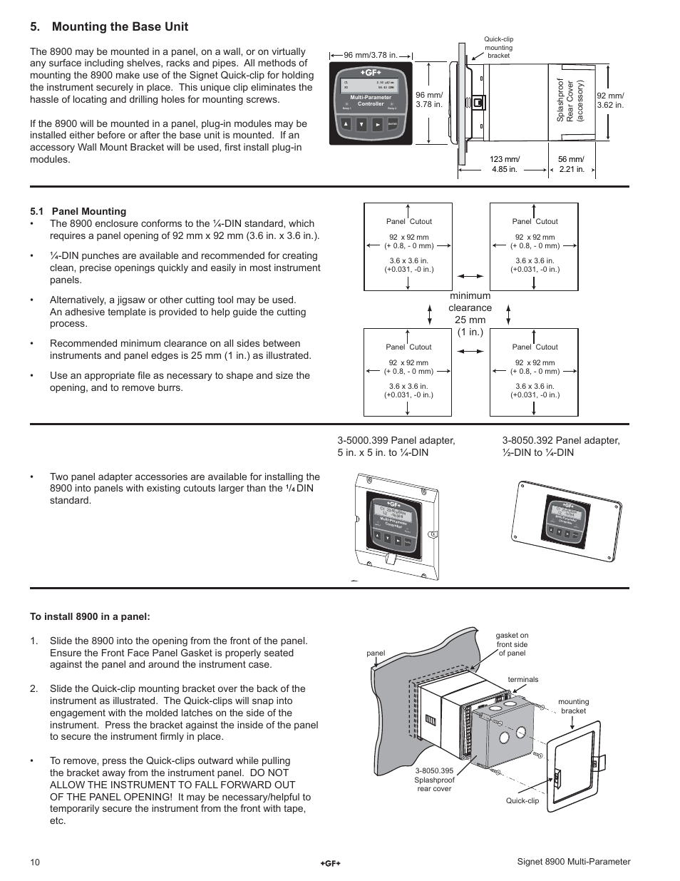 Mounting the base unit, Blk red shld blk red s l shld blk s l shld, Relay 1 relay 2 enter | Din standard | GF Signet 8900 Multi-Parameter Controller User Manual | Page 10 / 52