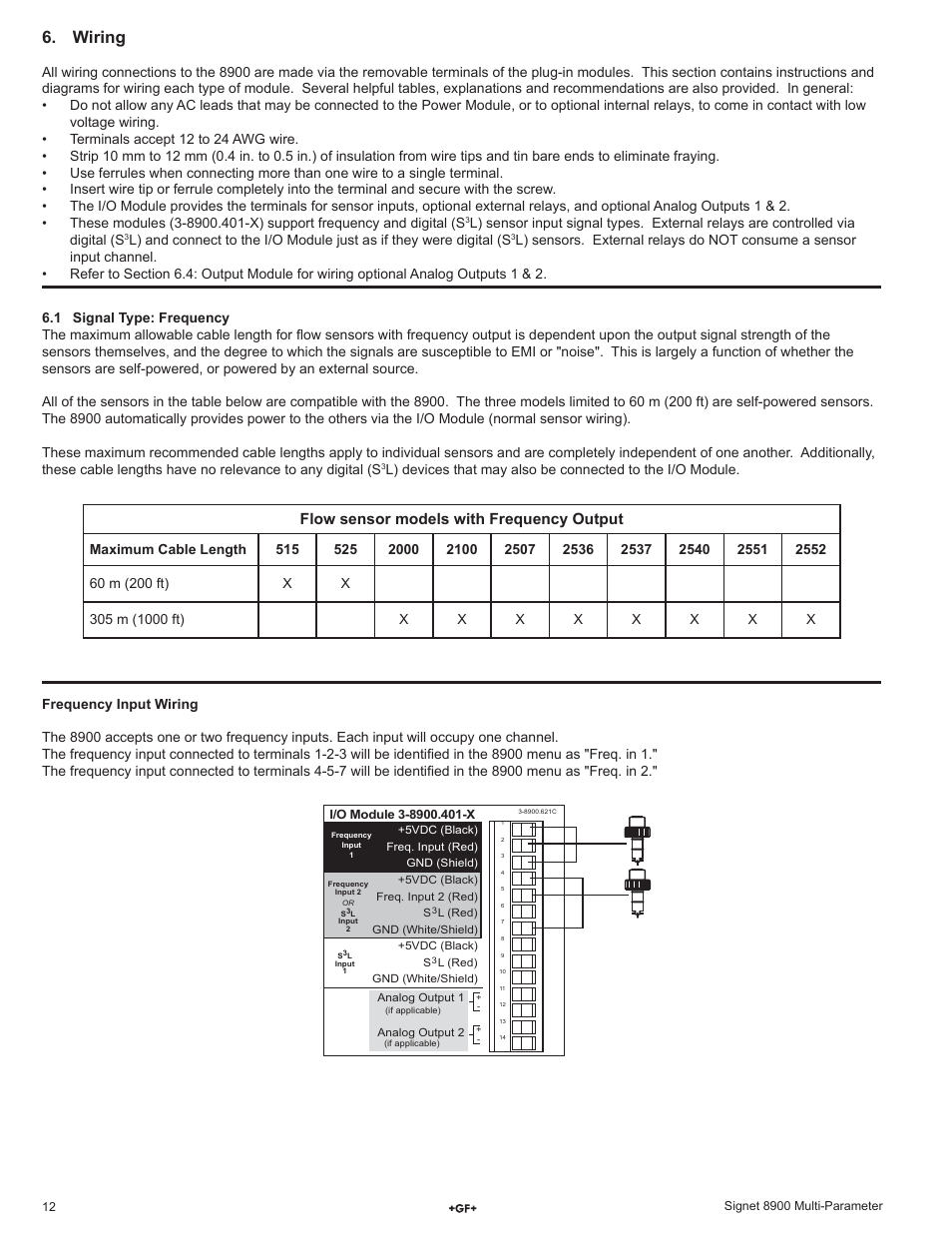 Wiring, Flow sensor models with frequency output | GF Signet 8900 Multi-Parameter Controller User Manual | Page 12 / 52