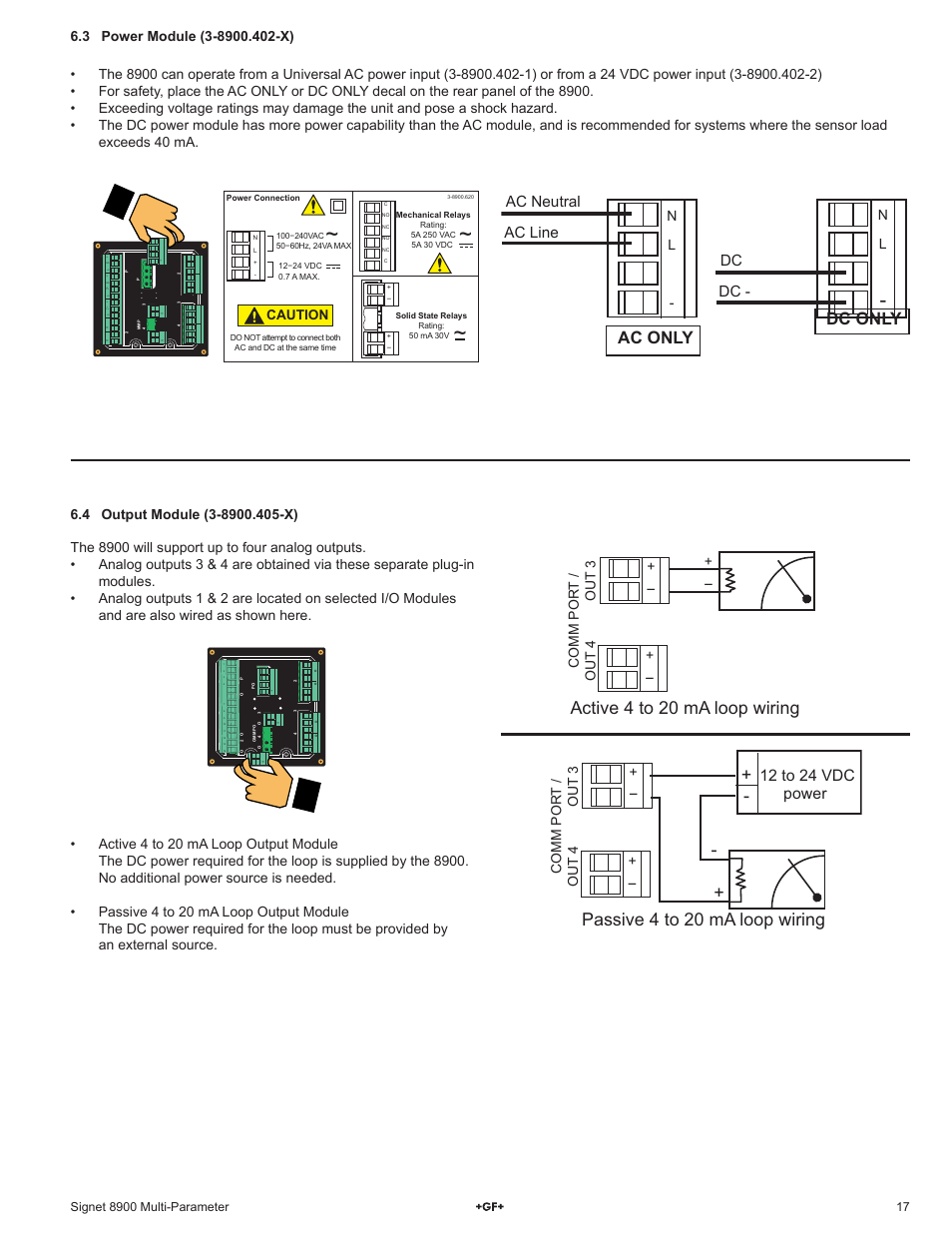 Active 4 to 20 ma loop wiring, Passive 4 to 20 ma loop wiring, Ac only dc only | 12 to 24 vdc power, Ac line ac neutral, Dc - dc, S ld, Comm por t / out 4 out 3, Caution | GF Signet 8900 Multi-Parameter Controller User Manual | Page 17 / 52