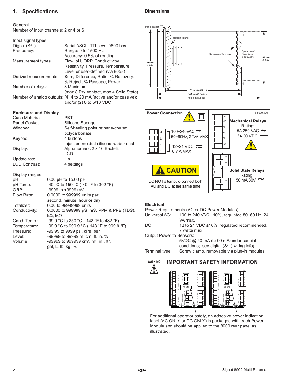 Caution, Specifi cations, Important safety information | Gal, l, lb, kg, Dimensions | GF Signet 8900 Multi-Parameter Controller User Manual | Page 2 / 52