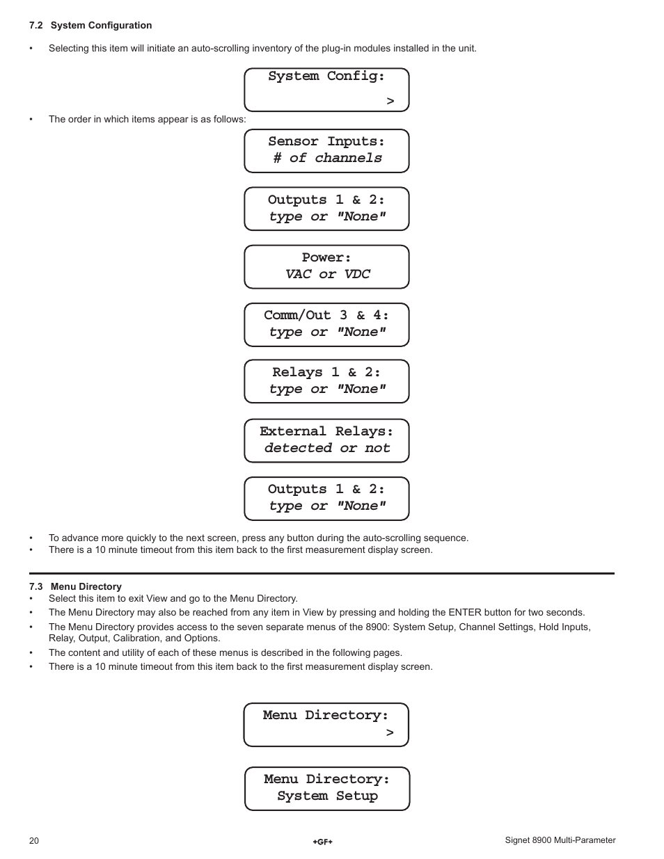 Of channels, Type or "none, Vac or vdc | Detected or not, Menu directory: > menu directory: system setup, Sensor inputs, System config: > outputs 1 & 2, Power, Comm/out 3 & 4, Relays 1 & 2 | GF Signet 8900 Multi-Parameter Controller User Manual | Page 20 / 52