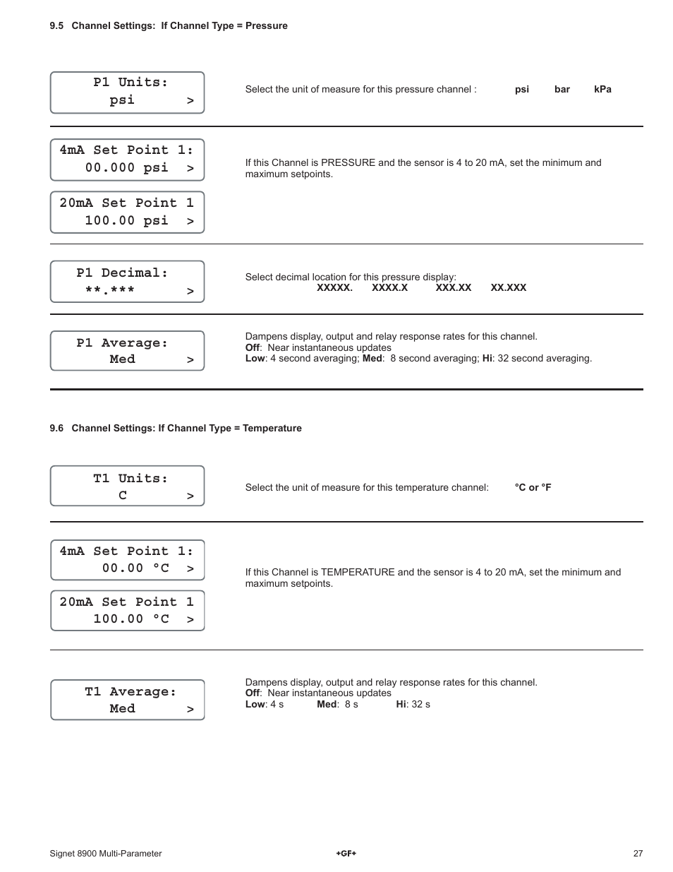 P1 units: psi, T1 units: c, T1 average: med | GF Signet 8900 Multi-Parameter Controller User Manual | Page 27 / 52