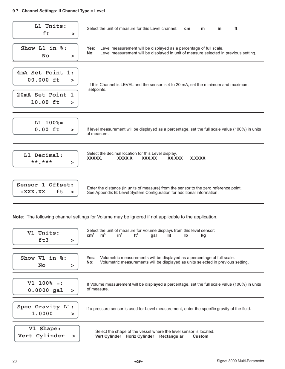 L1 units: ft > show l1 in %: no | GF Signet 8900 Multi-Parameter Controller User Manual | Page 28 / 52