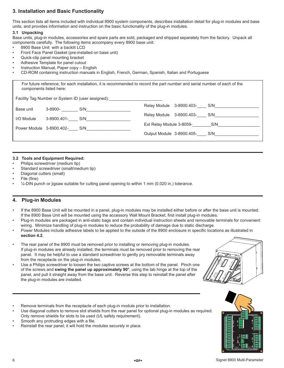 Installation and basic functionality, Plug-in modules | GF Signet 8900 Multi-Parameter Controller User Manual | Page 6 / 52