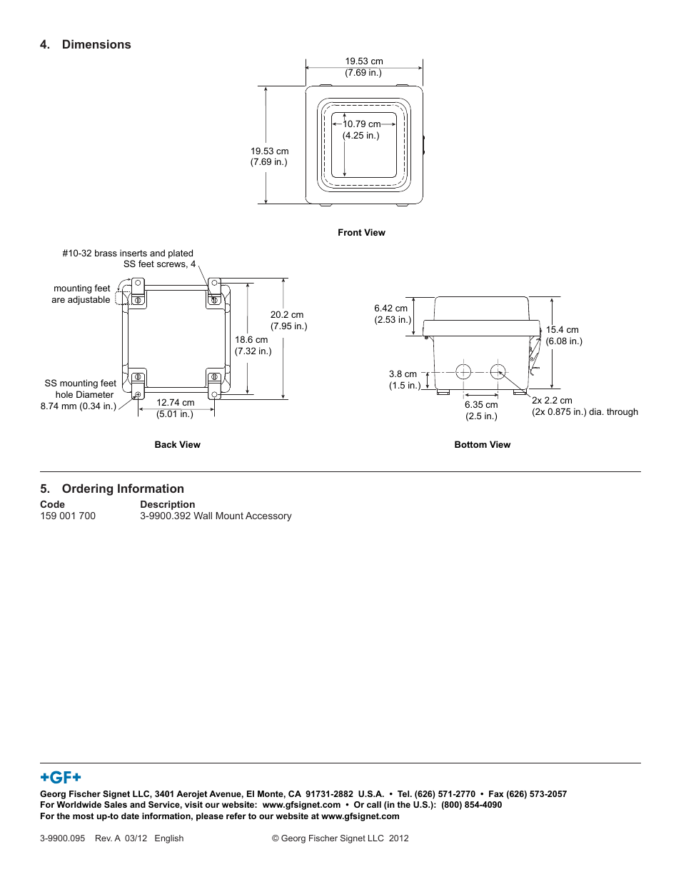 Dimensions 5. ordering information | GF Signet Wall Mount Accessory Kit User Manual | Page 2 / 2