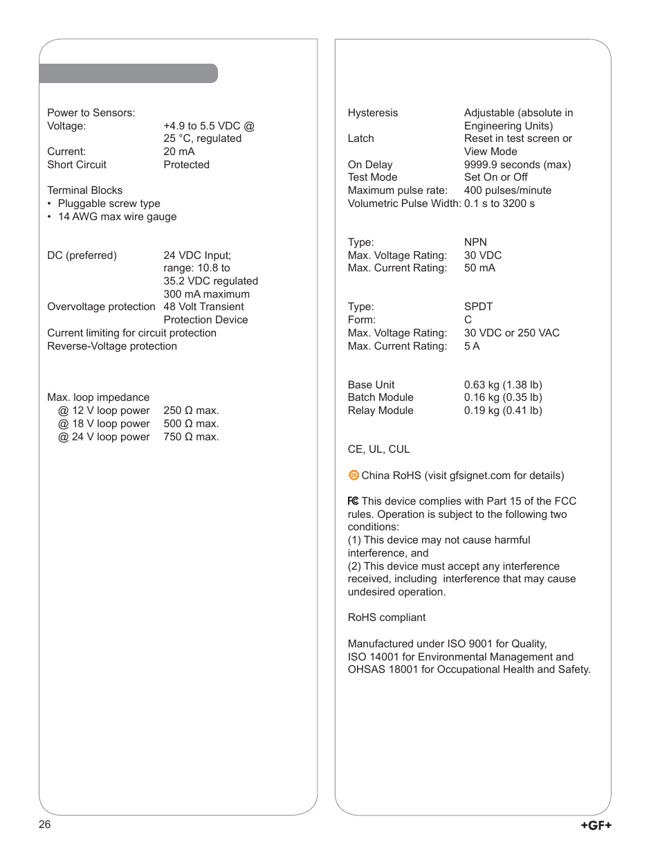 Specifi cations | GF Signet 9900-1BC Batch Controller System User Manual | Page 26 / 28