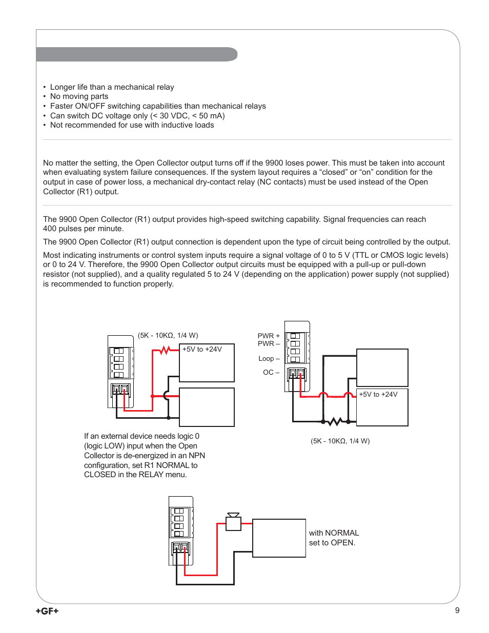 Relay and open collector wiring | GF Signet 9900-1BC Batch Controller System User Manual | Page 9 / 28