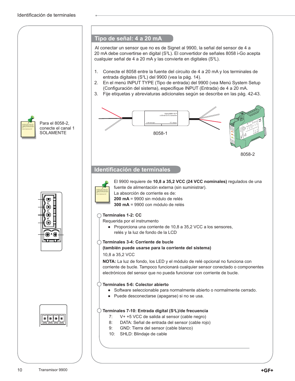 Tipo de señal: 4 a 20 ma, Identifi cación de terminales, 10 alimentación | L)/frecuencia digital, Pwr+ pwr– loop+ loop– oc- oc, Lo op 1 pw r, Sl da ta 3 lo op 2 pw r | GF Signet 9900 Transmitter User Manual | Page 10 / 64