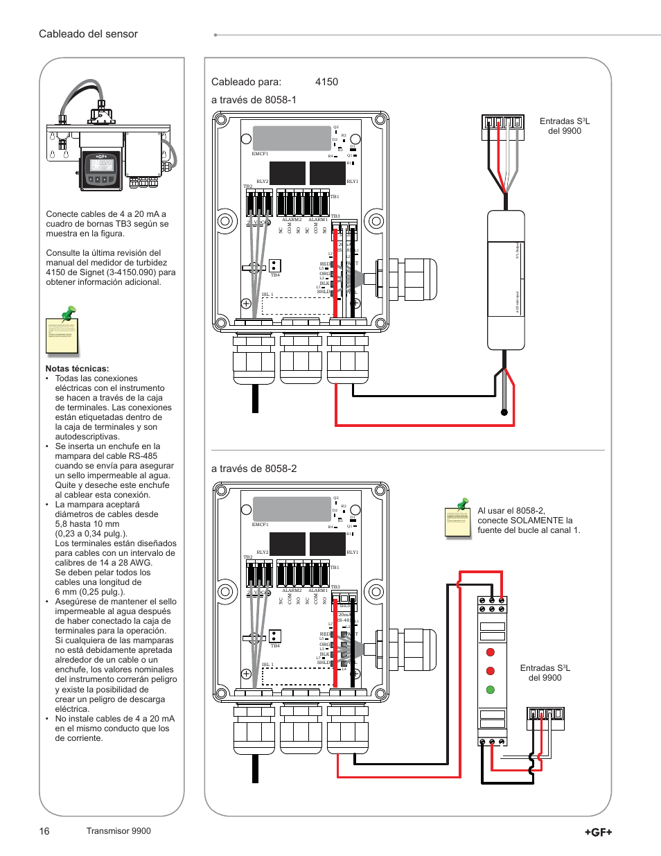 Cableado del sensor, 16 cableado para, Transmisor 9900 | Entradas s, Ldel 9900 | GF Signet 9900 Transmitter User Manual | Page 16 / 64