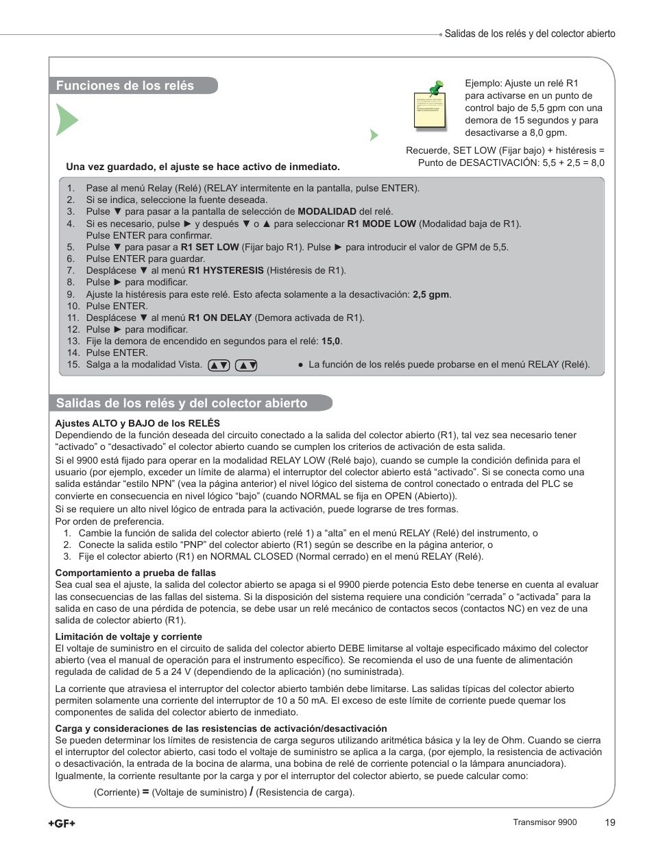 Salidas de los relés y del colector abierto, Funciones de los relés | GF Signet 9900 Transmitter User Manual | Page 19 / 64