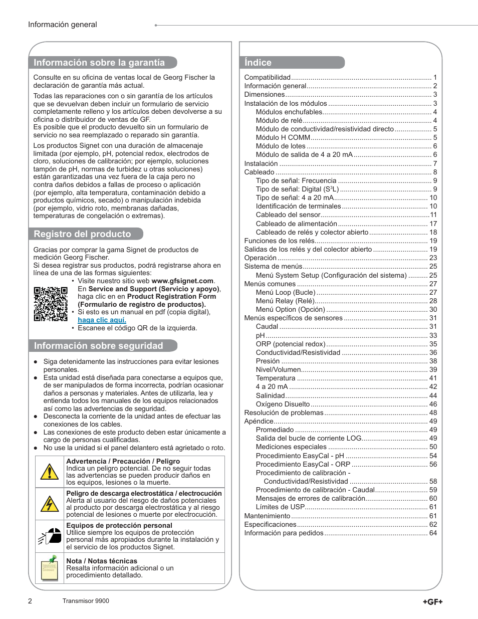 Registro del producto | GF Signet 9900 Transmitter User Manual | Page 2 / 64