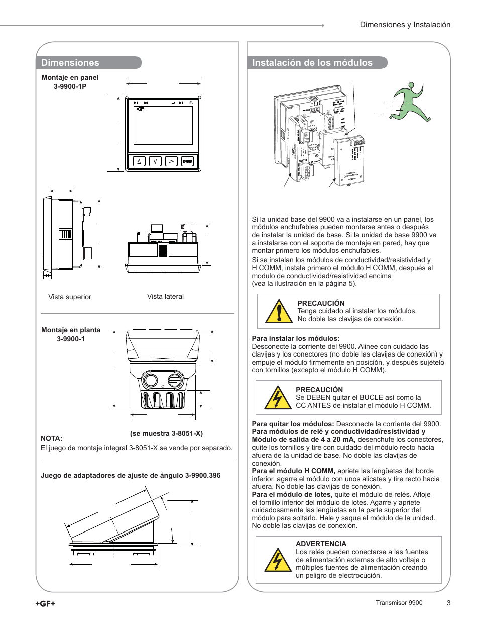 Dimensiones, Instalación de los módulos | GF Signet 9900 Transmitter User Manual | Page 3 / 64