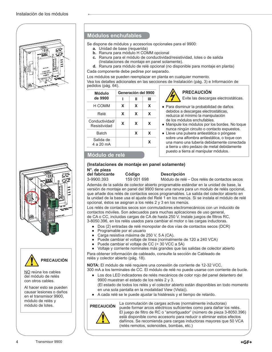 Módulos enchufables, Módulo de relé | GF Signet 9900 Transmitter User Manual | Page 4 / 64