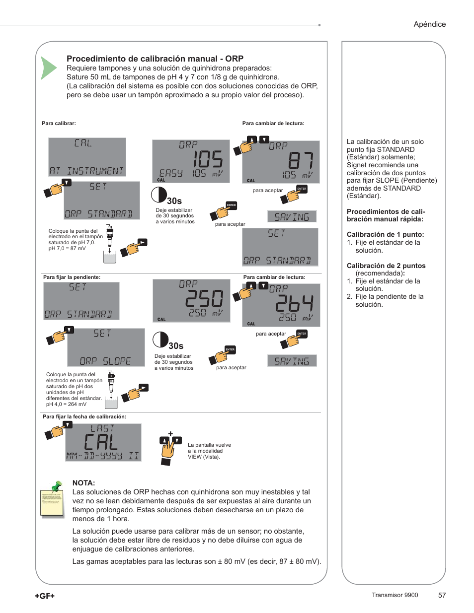 Procedimiento de calibración manual - orp | GF Signet 9900 Transmitter User Manual | Page 57 / 64