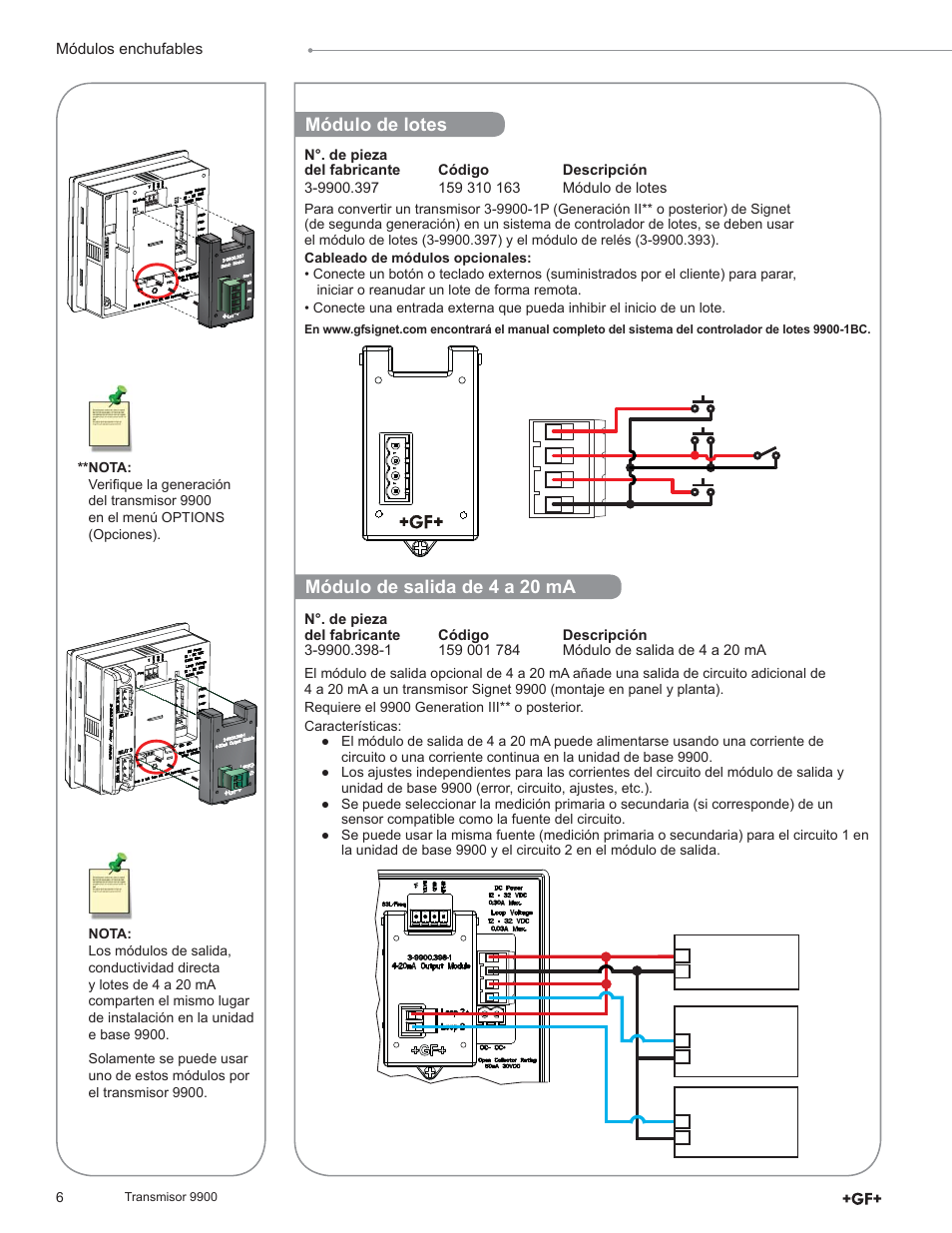 Módulo de lotes, Módulo de salida de 4 a 20 ma | GF Signet 9900 Transmitter User Manual | Page 6 / 64