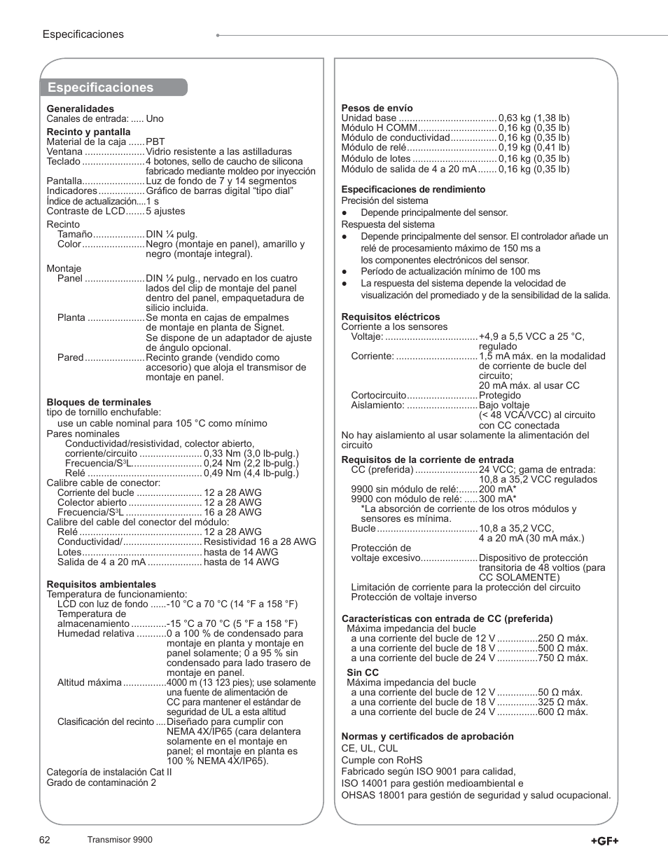 Especifi caciones | GF Signet 9900 Transmitter User Manual | Page 62 / 64