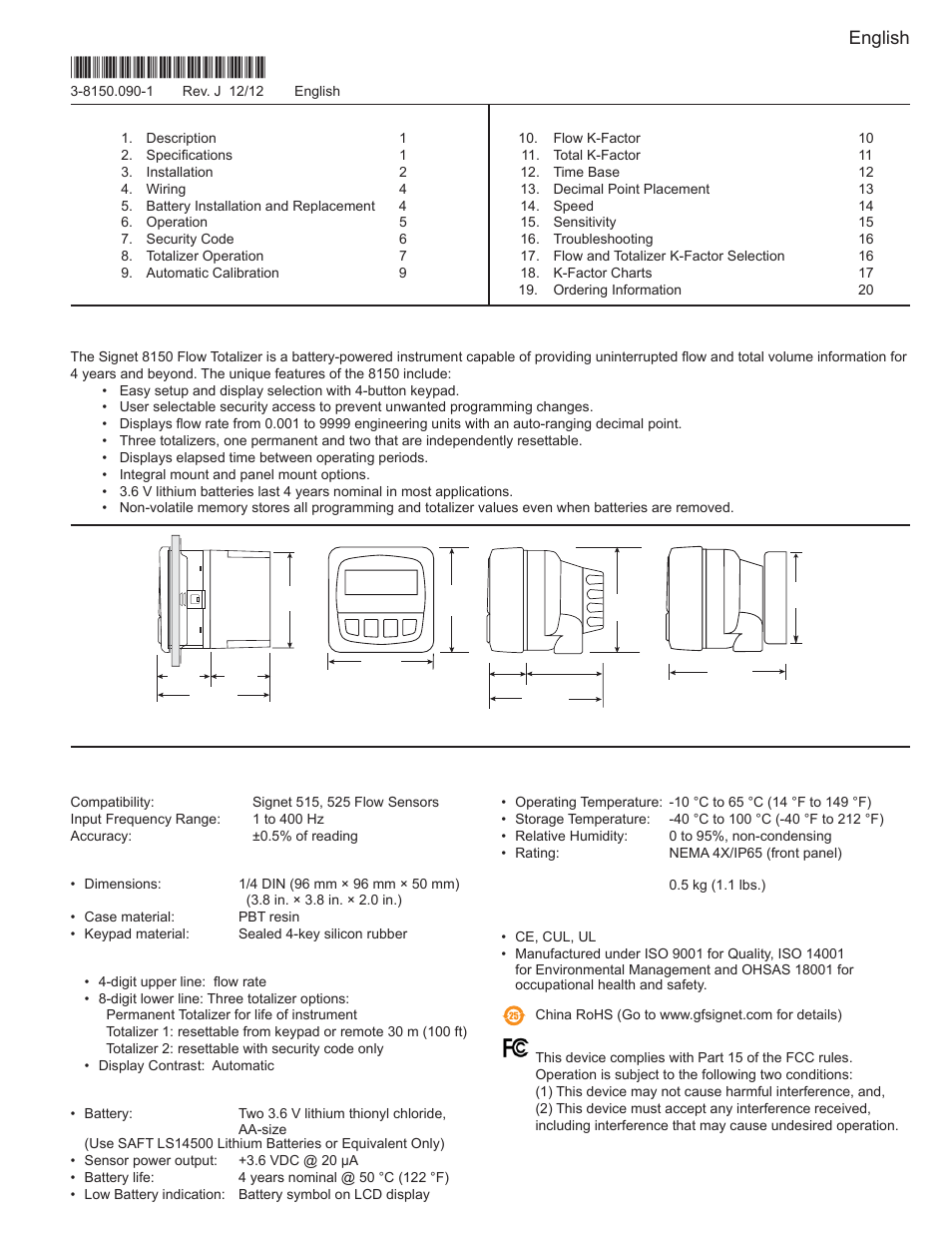 GF Signet 8150 Battery-Powered Flow Totalizer User Manual | 20 pages