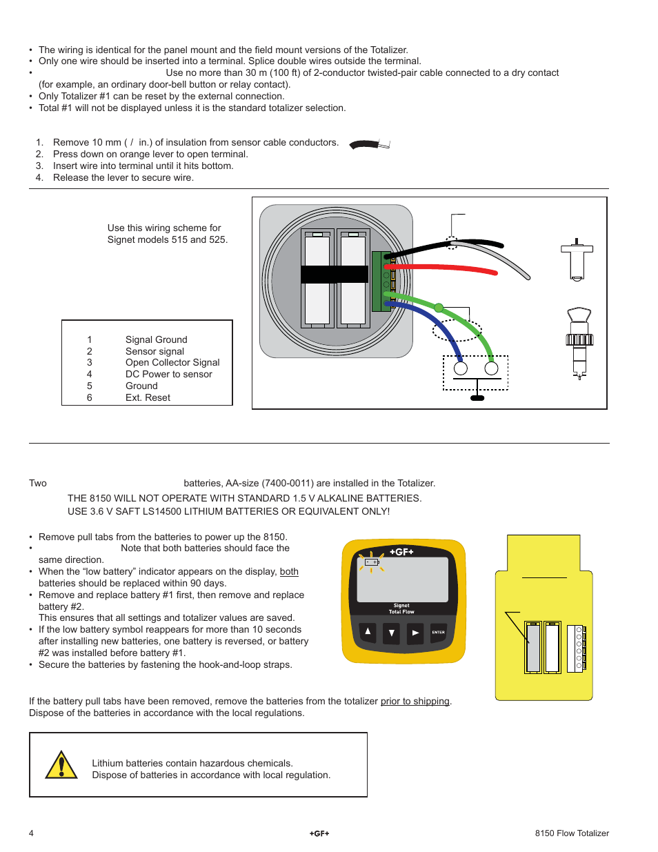 Battery installation and replacement, Wiring | GF Signet 8150 Battery-Powered Flow Totalizer User Manual | Page 4 / 20