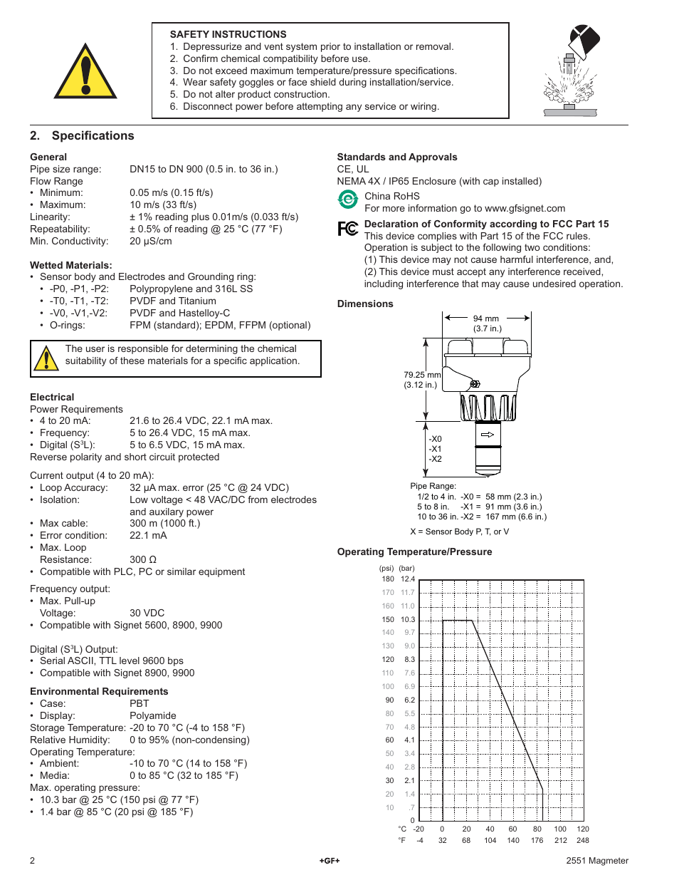 Speci¿ cations | GF Signet 2551 Magmeter Flow Sensor - Blind User Manual | Page 2 / 12