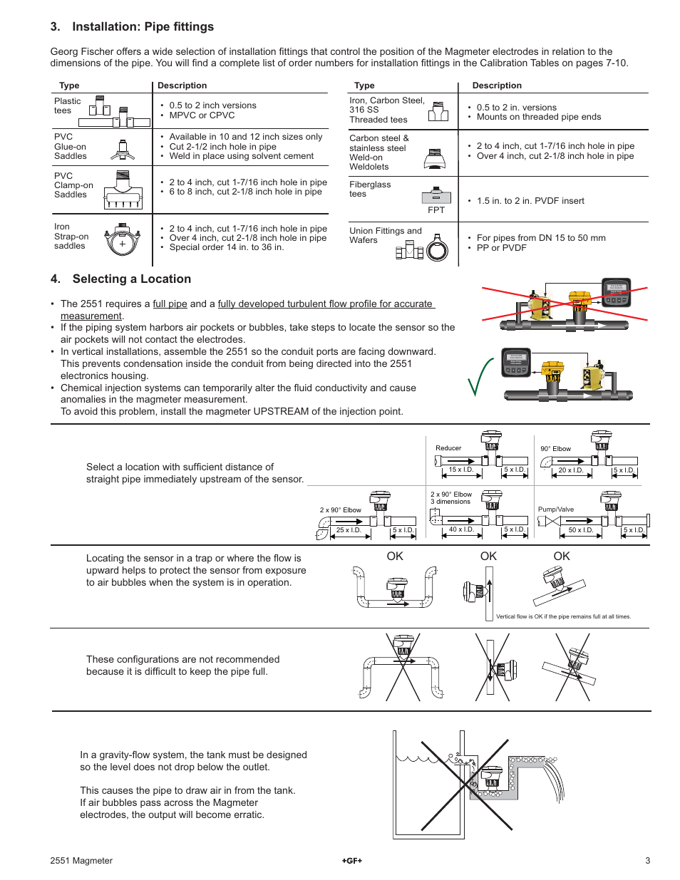 Selecting a location, Installation: pipe ¿ ttings | GF Signet 2551 Magmeter Flow Sensor - Blind User Manual | Page 3 / 12