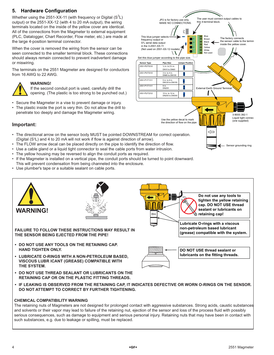 Warning, Important, Hardware con¿ guration | GF Signet 2551 Magmeter Flow Sensor - Blind User Manual | Page 4 / 12