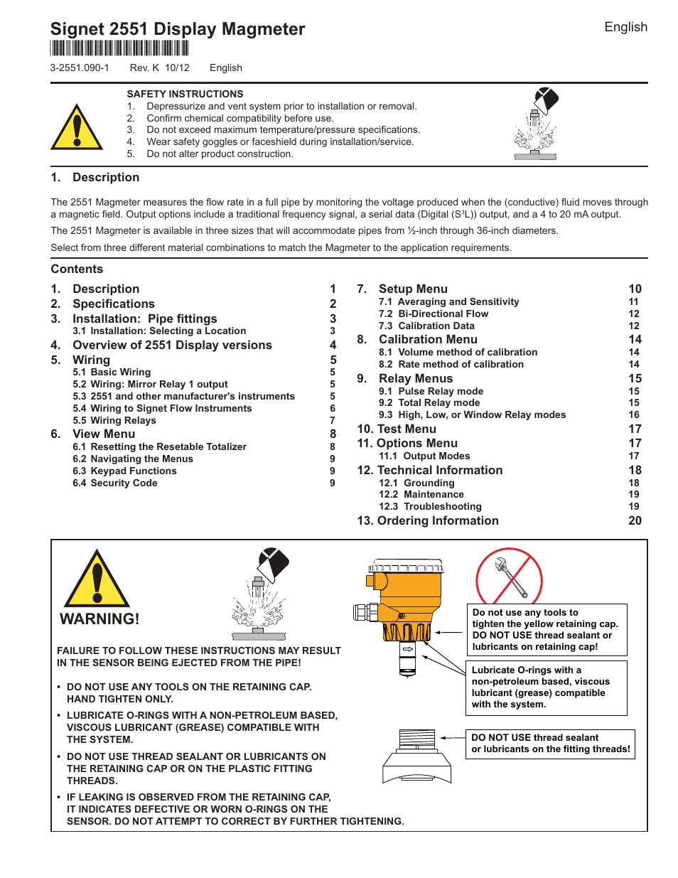 GF Signet 2551 Magmeter Flow Sensor - Display User Manual | 20 pages