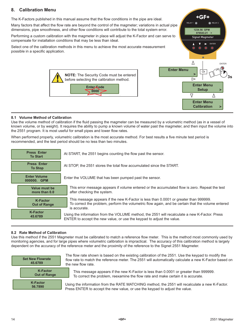 Calibration menu | GF Signet 2551 Magmeter Flow Sensor - Display User Manual | Page 14 / 20