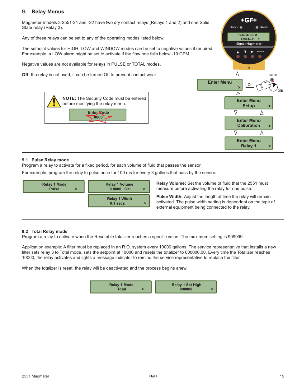 Relay menus | GF Signet 2551 Magmeter Flow Sensor - Display User Manual | Page 15 / 20