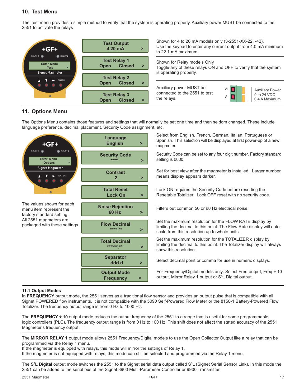 Options menu, Test menu | GF Signet 2551 Magmeter Flow Sensor - Display User Manual | Page 17 / 20