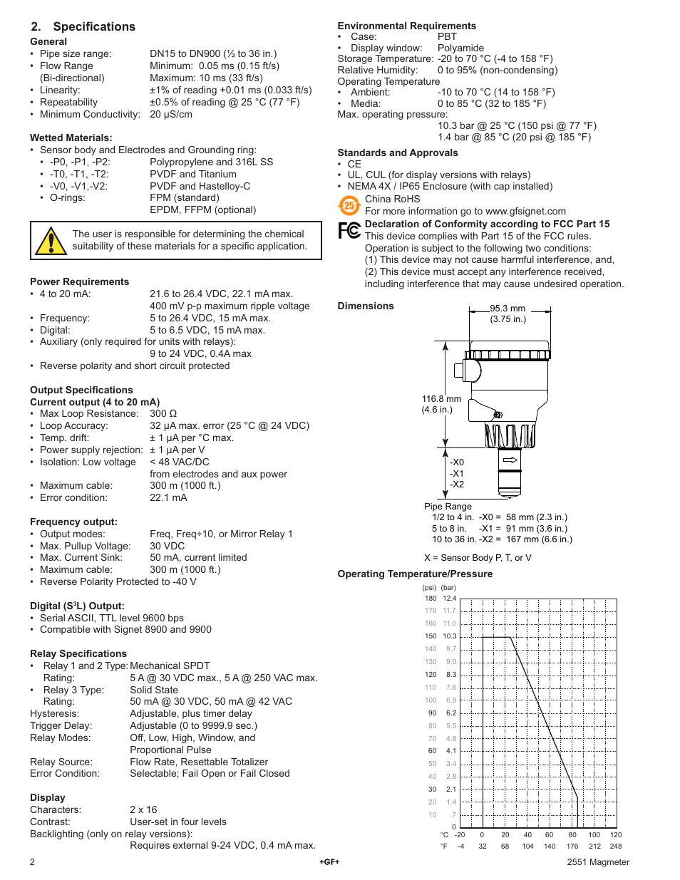 Speciﬁ cations | GF Signet 2551 Magmeter Flow Sensor - Display User Manual | Page 2 / 20