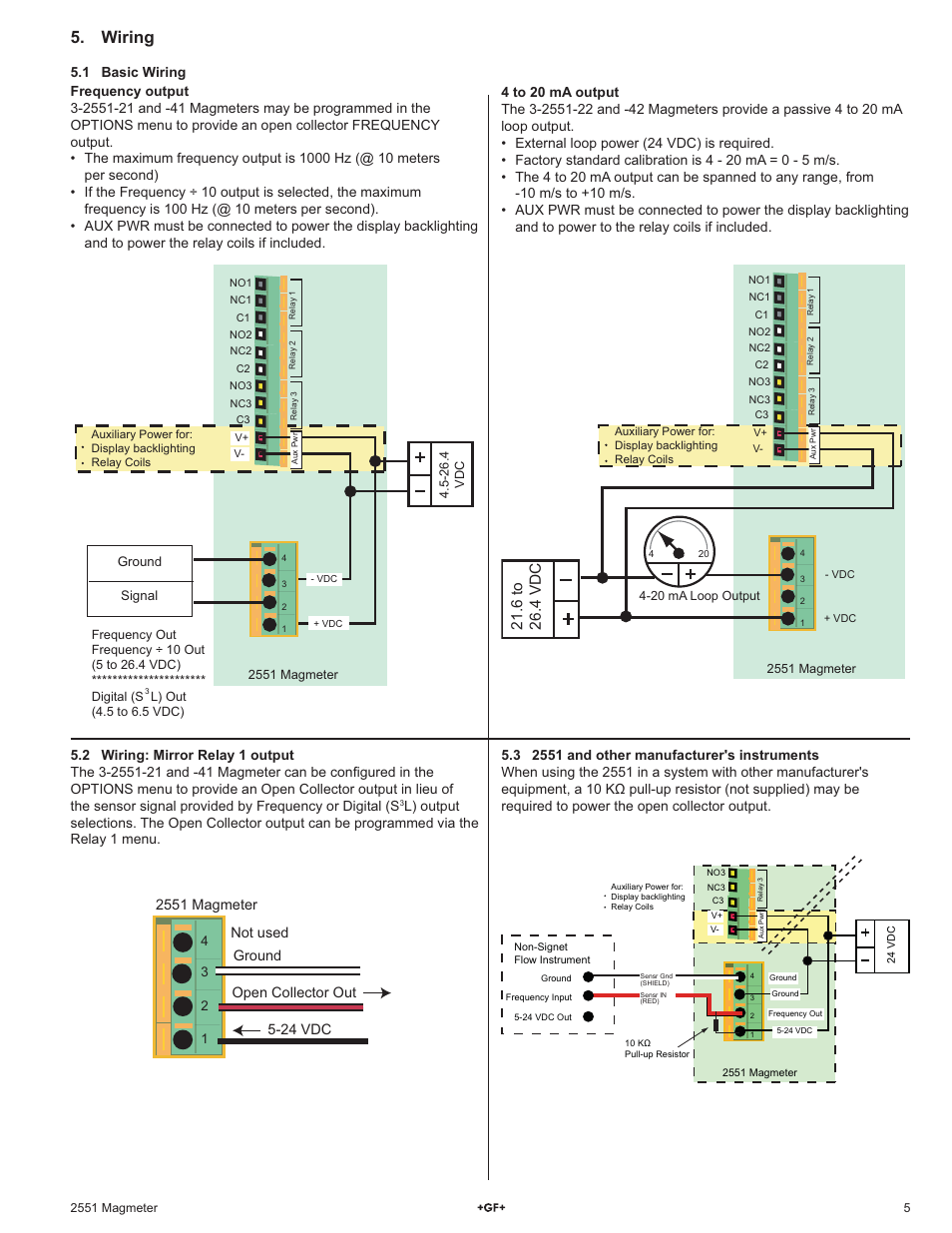 Wiring, 6 to 26.4 vdc, 1 basic wiring | GF Signet 2551 Magmeter Flow Sensor - Display User Manual | Page 5 / 20