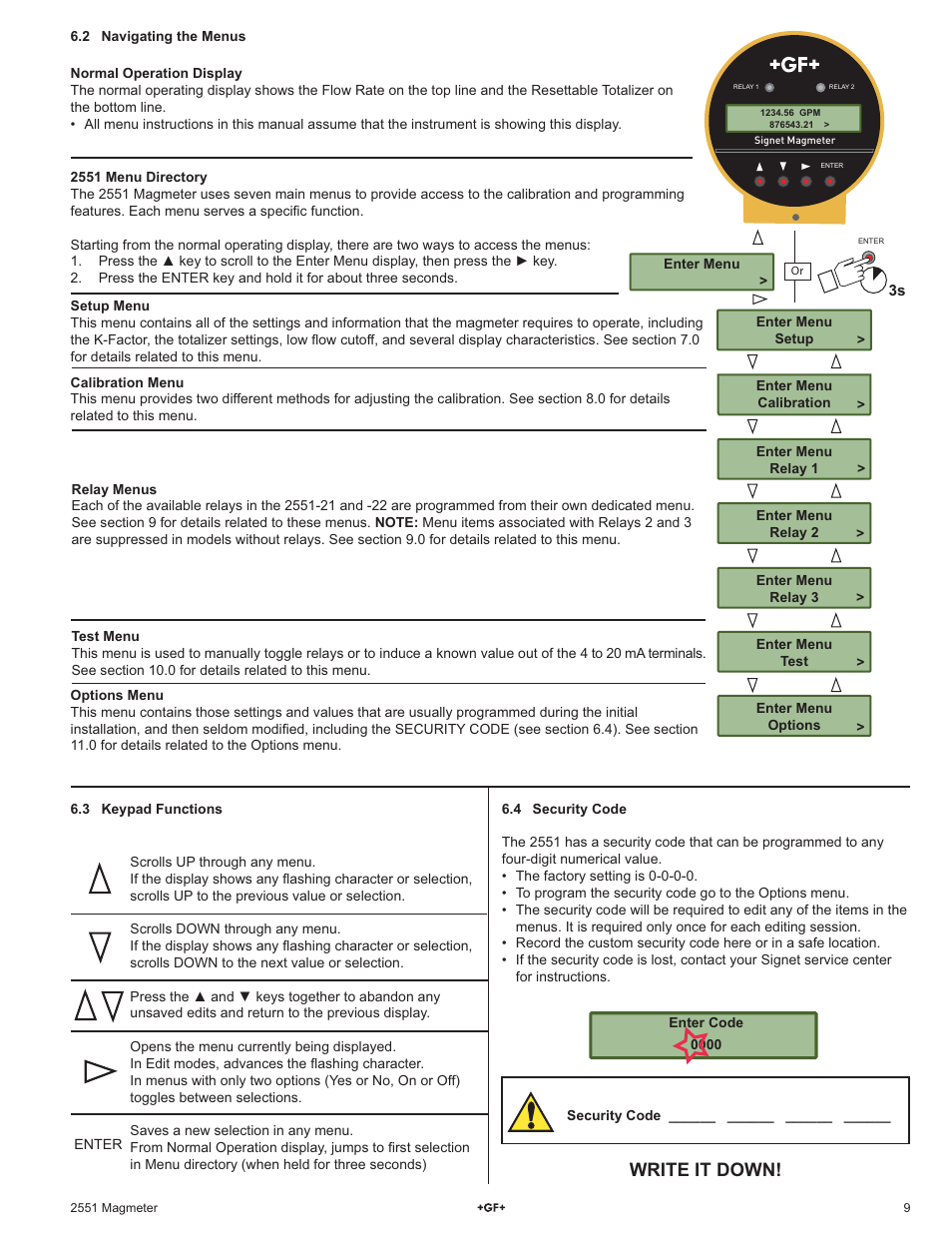 Write it down | GF Signet 2551 Magmeter Flow Sensor - Display User Manual | Page 9 / 20