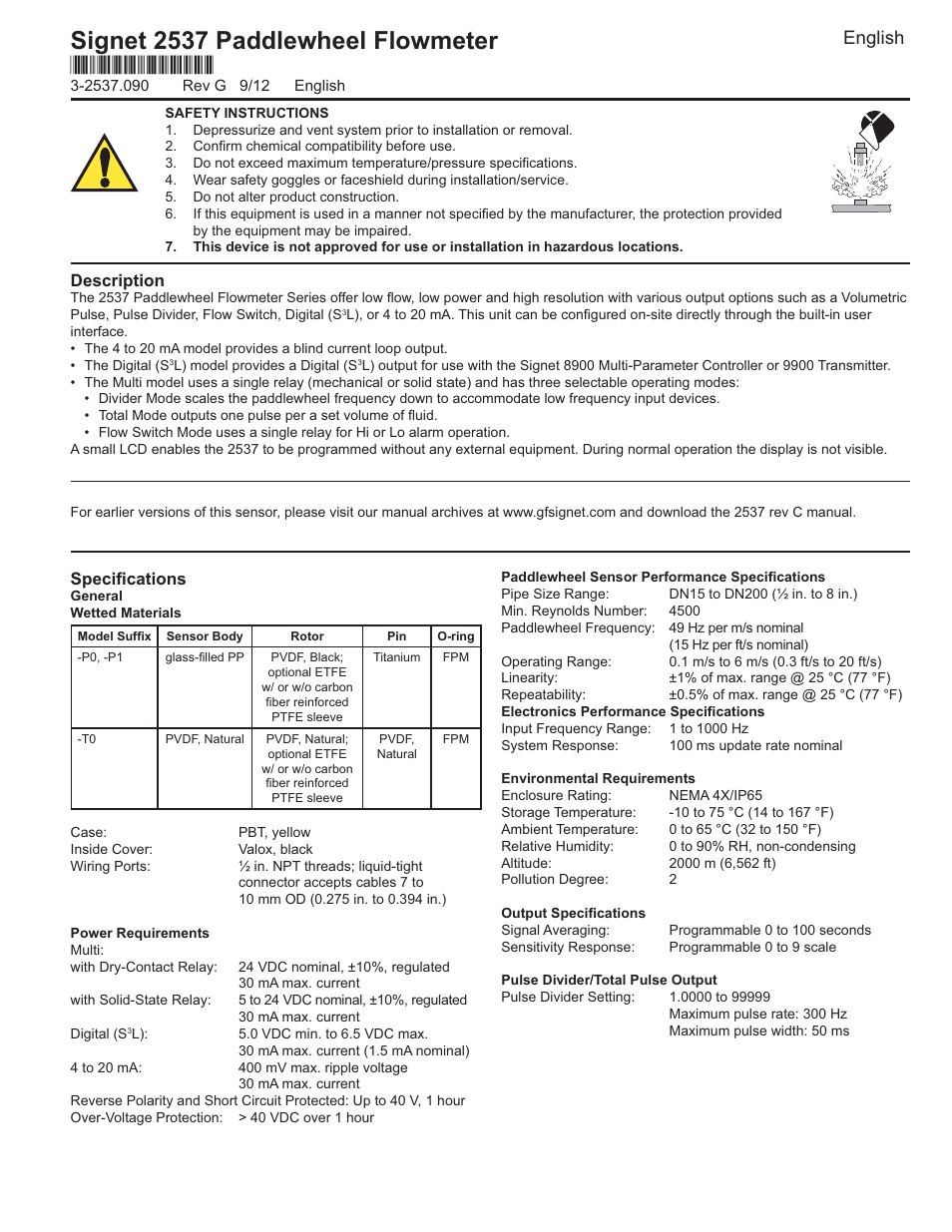 GF Signet 2537 Paddlewheel Flow Sensor User Manual | 16 pages